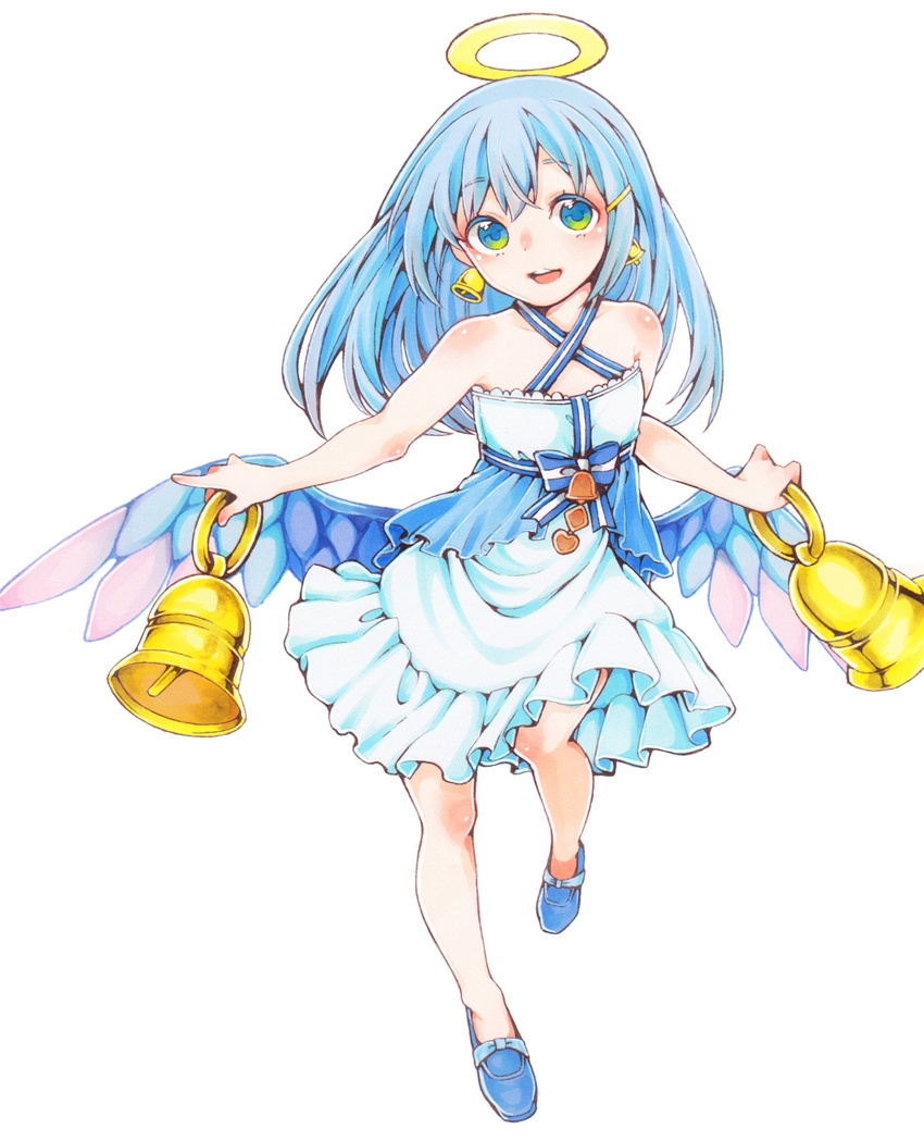 angel bare_shoulders bell bellringer_angel blue_eyes blue_footwear blue_hair bow commentary_request dress earrings female flat_chest full_body halo highres jewelry kurumikko looking_at_viewer marker_(medium) open_mouth shadowverse shingeki_no_bahamut shoes smile solo standing standing_on_one_leg traditional_media wings