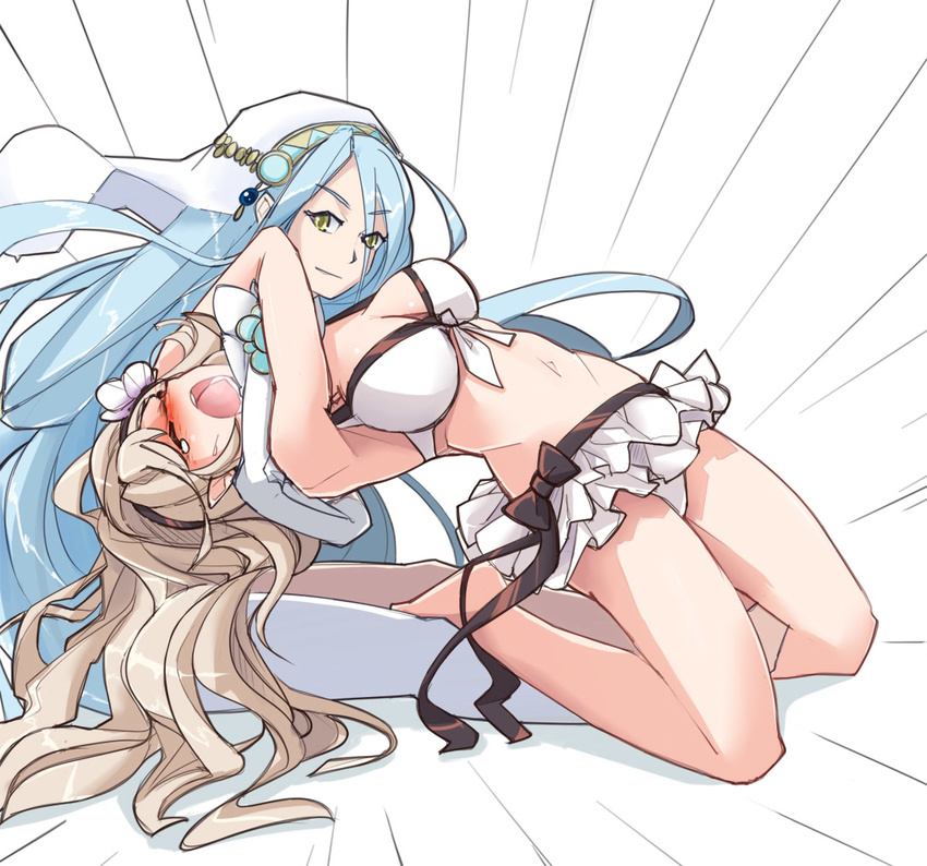 2girls azura_(fire_emblem) barefoot bikini blonde_hair blue_hair blush breasts cleavage commentary_request corrin_(female)_(fire_emblem) corrin_(female)_(summer)_(fire_emblem) corrin_(fire_emblem) dragon_sleeper emphasis_lines fire_emblem fire_emblem_fates fire_emblem_heroes frilled_bikini frills grey_hair hair_between_eyes hairband jaegan large_breasts long_hair multiple_girls official_alternate_costume photoshop_(medium) pointy_ears red_eyes ryona swimsuit tears veil very_long_hair white_bikini wrestling yellow_eyes