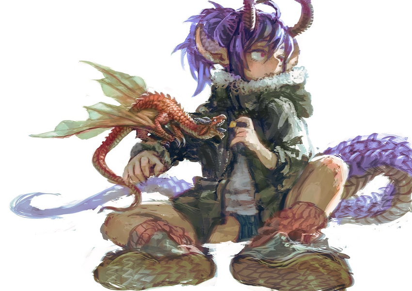 ahoge animal_on_arm blue_hair commentary_request dragon dragon_girl dragon_horns dragon_tail eating female food hair_between_eyes holding holding_food horns jacket jonpei long_sleeves looking_to_the_side open_clothes open_jacket open_mouth original pointy_ears ponytail red_eyes shirt shoes simple_background sitting tail white_background white_shirt