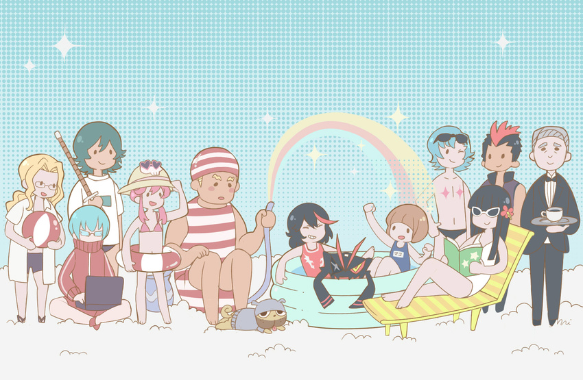 4girls 6+boys ball beach_chair beachball bikini commentary_request computer cup everyone formal gamagoori_ira glasses guts_(kill_la_kill) highres innertube inumuta_houka iori_shirou jacket jakuzure_nonon kill_la_kill kinagase_tsumugu kiryuuin_satsuki laptop male_swimwear mankanshoku_mako matoi_ryuuko mikisugi_aikurou multiple_boys multiple_girls one-piece_swimsuit petit sanageyama_uzu senketsu shinai soroi_mitsuzou suit swim_briefs swim_ring swimsuit sword teacup track_jacket wading_pool weapon