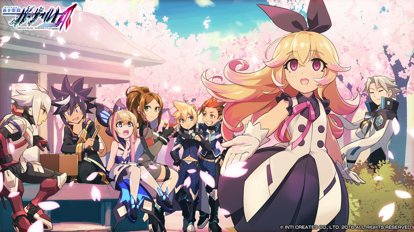 3girls 5boys acura_(gunvolt) arm_around_shoulder azure_striker_gunvolt azure_striker_gunvolt_2 blonde_hair board_game bow braid bush cherry_blossoms dress fingerless_gloves gino_(gunvolt) gloves go_(board_game) gunvolt hairbow hanami hatakeyama_yoshitaka highres logo long_hair lumen_(gunvolt) monica_(gunvolt) multiple_boys multiple_girls mysterious_girl_(gunvolt) official_art petals pink_eyes playing_games shiden_(gunvolt) sitting sleeveless sleeveless_dress smile tenjian_(gunvolt) tree white_gloves