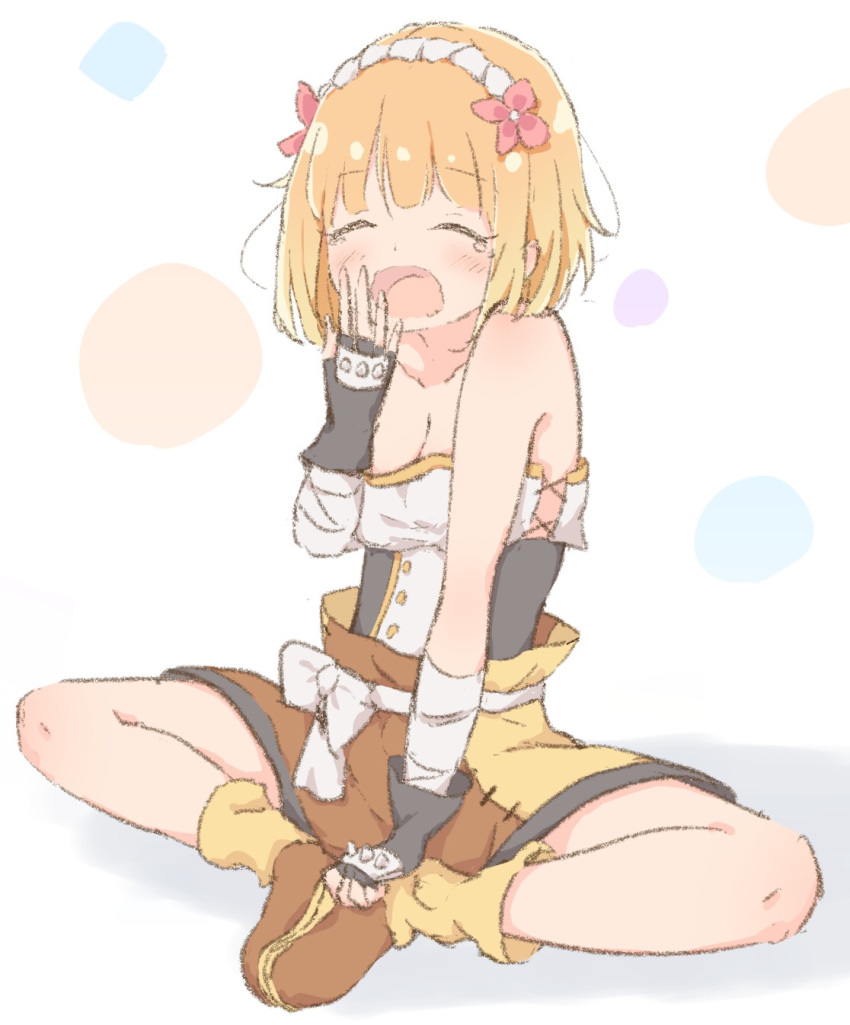 blonde_hair closed_eyes commentary endro! fai_fai female fingerless_gloves fukunaga_nagisa gloves hairband highres indian_style open_mouth short_hair shorts simple_background sitting solo strapless yawning