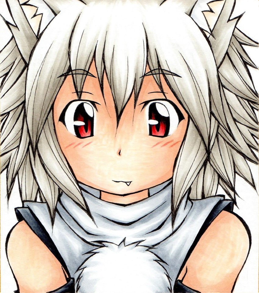 animal_ears bare_shoulders blush commentary_request detached_sleeves female highres inte_(whitewolftail) inubashiri_momiji looking_at_viewer no_headwear oerba_yun_fang pom_pom_(clothes) red_eyes short_hair simple_background smile solo touhou white_background white_hair wolf_ears