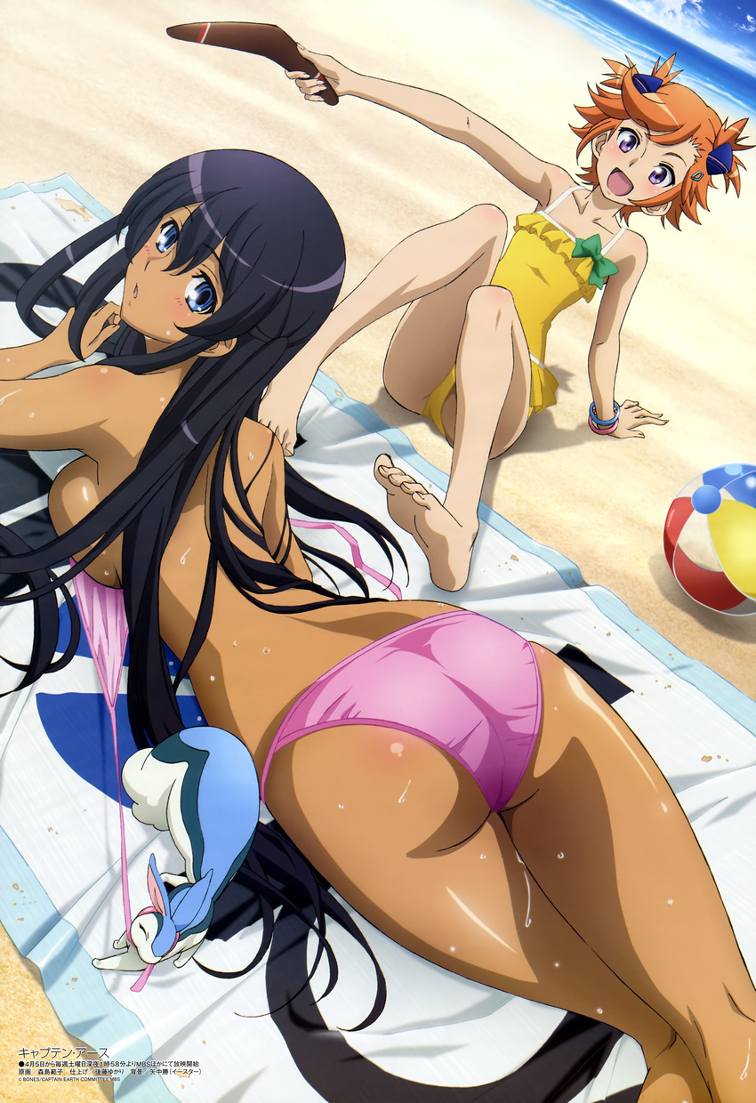 2girls :d :o absurdres arm_support ass ball bare_shoulders barefoot beach beachball bikini black_hair blue_eyes boomerang bow bracelet breasts captain_earth casual_one-piece_swimsuit cloud creature dark-skinned_female dark_skin day feet frilled_one-piece_swimsuit frills hair_ornament highres horizon jewelry large_breasts long_hair lying megami_magazine morishima_noriko multiple_girls mutou_hana ocean official_art on_stomach one-piece_swimsuit open_mouth orange_hair outdoors pitz purple_eyes scan short_hair sitting sky smile swimsuit towel untied wardrobe_malfunction wet yomatsuri_akari