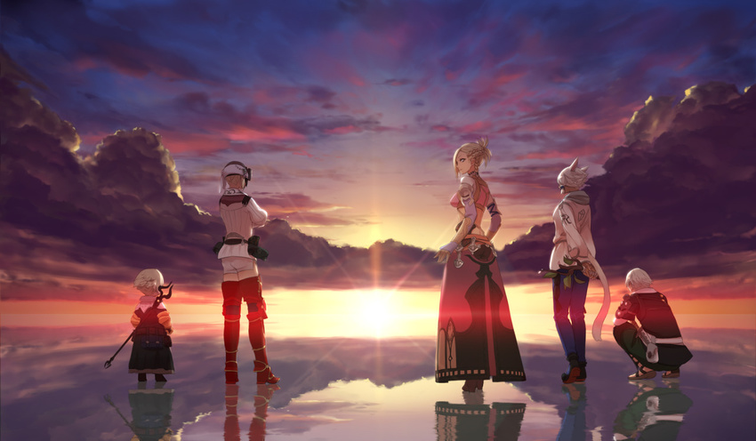 animal_ears arms_behind_back blonde_hair boots braid cat_ears cat_tail character_request cloud final_fantasy final_fantasy_xiv long_hair long_skirt looking_at_viewer looking_away looking_back minfilia papalymo potion_lilac(popopotionu) reflection short_hair shorts skirt sky squatting staff sunset tail thancred thigh_boots thighhighs water white_hair y'shtola yda_(ff14)