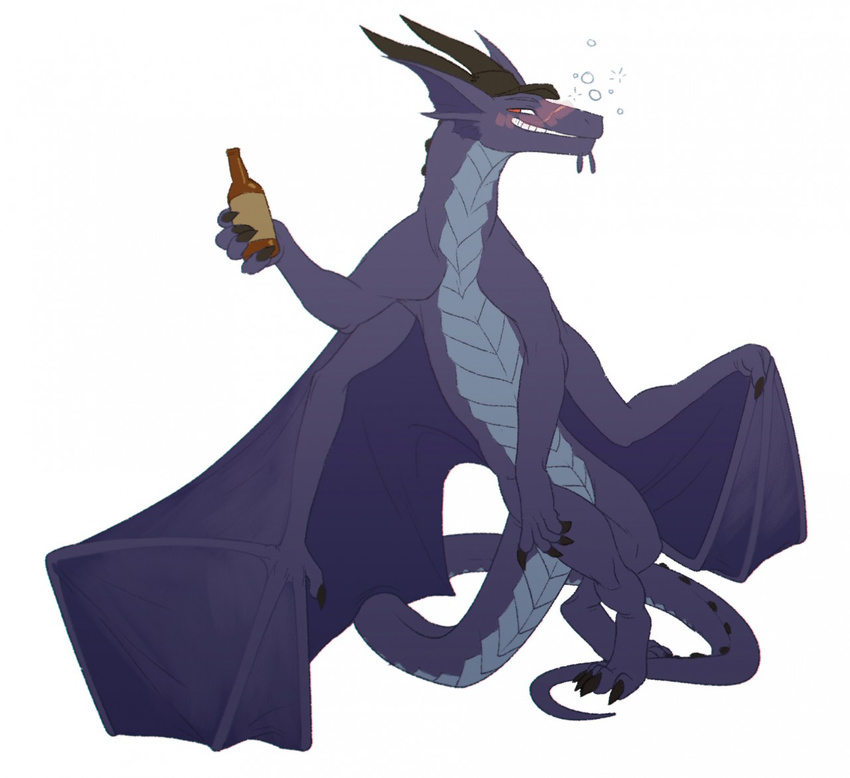 alcohol anthro beverage biped bottle container dragon drunk featureless_crotch horn looking_at_viewer major_kite male membrane_(anatomy) membranous_wings mythological_creature mythological_scalie mythology nude piranhapettingzoo scalie simple_background smile solo standing substance_intoxication tail teeth white_background wings