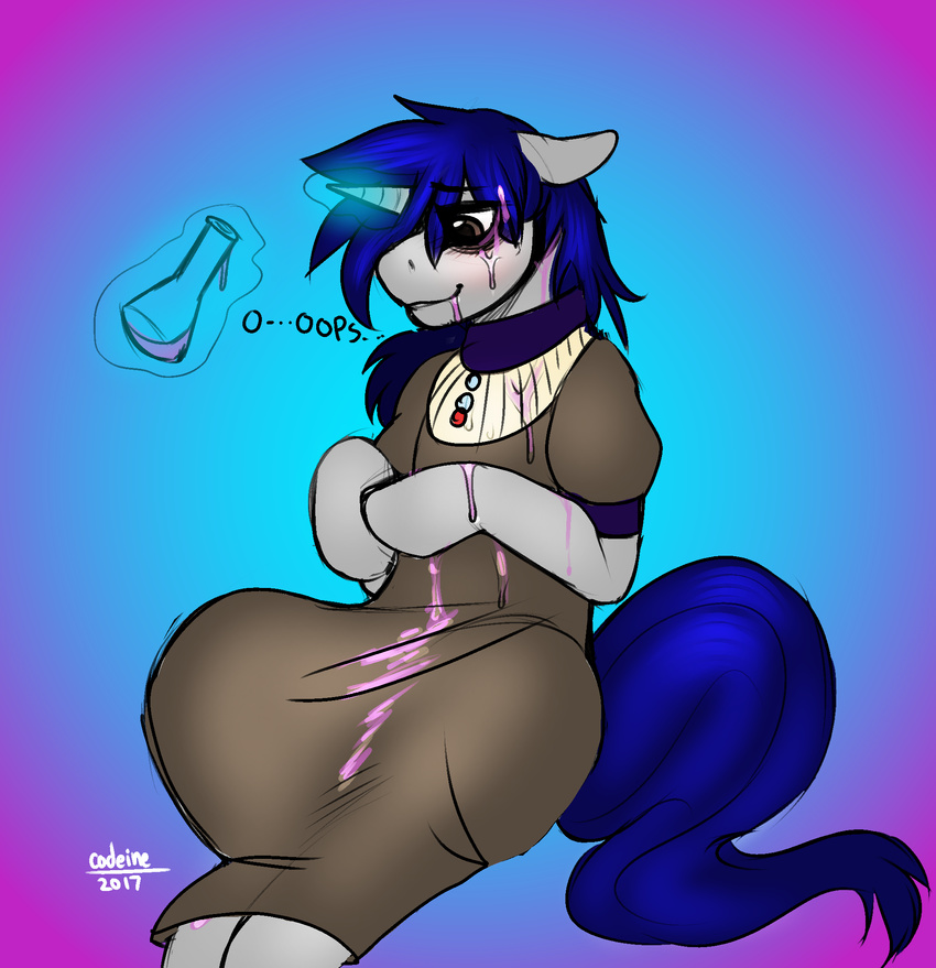 blue_hair brown_eyes candlekey_bookbelle clothing codeine dress equid equine fur glowing gradient_background grey_body grey_fur hair hi_res hooves horn liquid mammal mythological_creature mythological_equine mythology potion simple_background solo spill text unicorn unicorn_horn