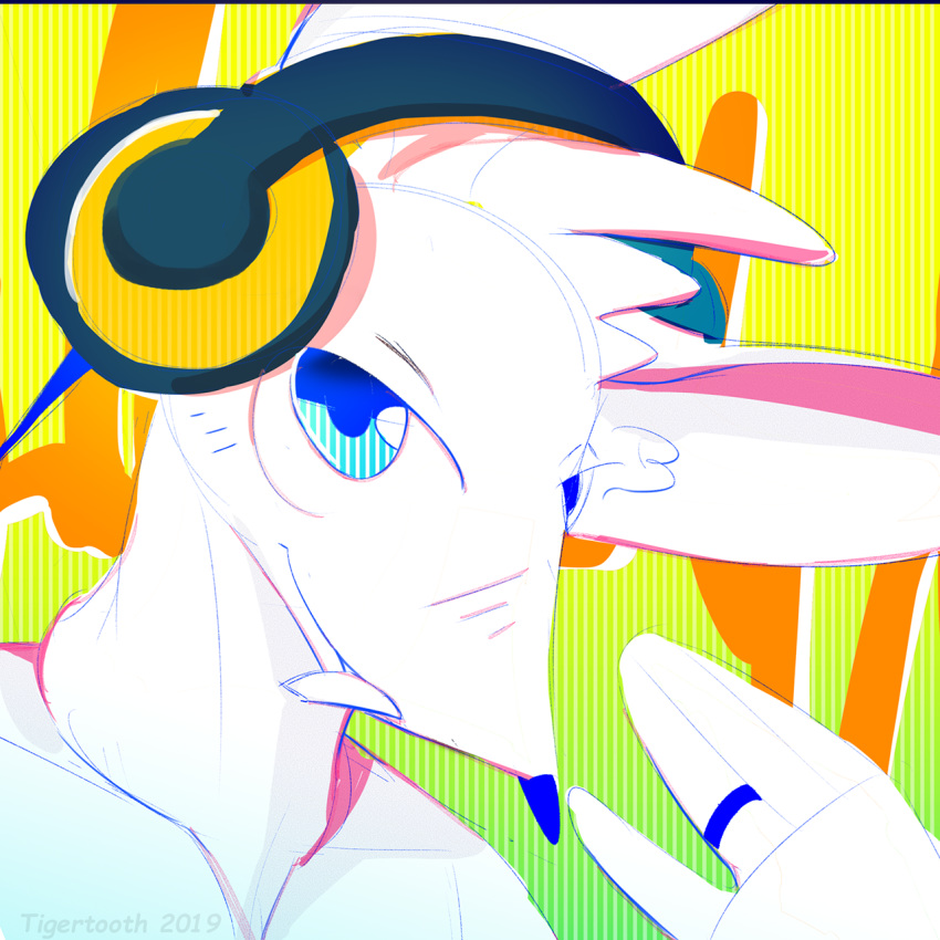 1:1 2019 ambiguous_gender black_headphones blush clothed clothing digital_media_(artwork) electronics fur graffiti hare headgear headphones hi_res lagomorph leporid mammal multicolored_headphones music neon orange_headphones portrait rabbit simple_background smile solo tigertooth yellow_headphones