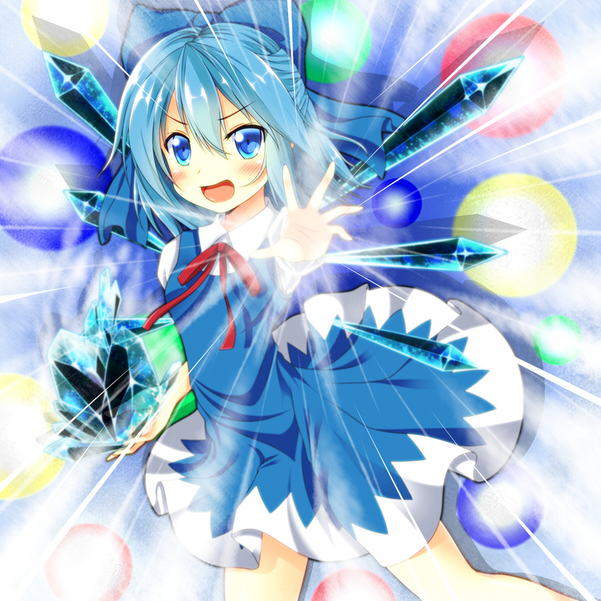 bad_id bad_pixiv_id blue_eyes blue_hair blush bow cirno danmaku female hairbow highres ice ice_wings mayuzumi_makiha open_hand solo touhou wings