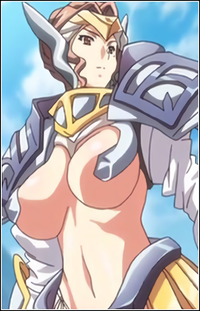 armor bikini_armor breasts brown_eyes brown_hair claudia_levantine cloud female knight kuroinu_~kedakaki_seijo_wa_hakudaku_ni_somaru~ large_breasts midriff no_bra outdoors revealing_clothes sky solo waifu2x