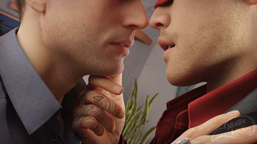 2boys 2humans 2males 3d 3d_(artwork) 3d_model about_to_kiss bromance close-up friends gay gay_interracial gay_kissing homoerotic interracial intimate johnny_cage kenshi_takahashi male/male male_only mortal_kombat mortal_kombat_1_(2023) netherrealm_studios nightin_galez romantic romantic_ambiance sensual sexual_tension