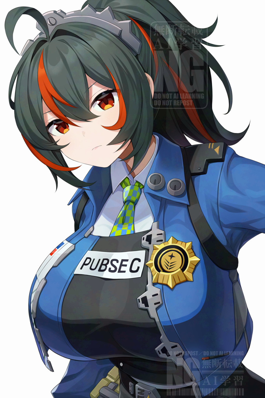 ahoge asamura_hiori black_hair blue_jacket breasts closed_mouth female hair_between_eyes highres jacket large_breasts long_hair looking_at_viewer metal_hairband multicolored_hair necktie orange_eyes orange_hair ponytail sidelocks simple_background solo streaked_hair two-tone_hair upper_body watermark white_background zenless_zone_zero zhu_yuan