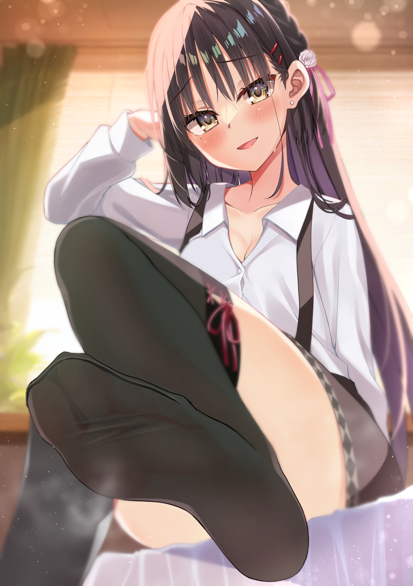 :d absurdres arm_at_side black_hair black_thighhighs blurry blurry_background blush breasts brown_skirt cafe_stella_to_shinigami_no_chou cleavage collared_shirt commentary convenient_leg depth_of_field dress_shirt earrings eyelashes feet female flower foot_focus foot_out_of_frame hair_behind_ear hair_between_eyes hair_flower hair_ornament hair_over_shoulder hair_ribbon hairclip hand_up highres indoors jewelry legs long_hair looking_at_viewer medium_breasts mole mole_under_eye no_shoes on_bed open_mouth pink_ribbon raised_eyebrows red_ribbon ribbon ribbon-trimmed_thighhighs ribbon_trim rose shiki_natsume shirt sitting skirt smile soles solo straight_hair stud_earrings suspender_skirt suspenders sweatdrop thighhighs toenails toes tsurime urakawa_^p^ very_long_hair white_flower white_rose white_shirt yellow_eyes zettai_ryouiki