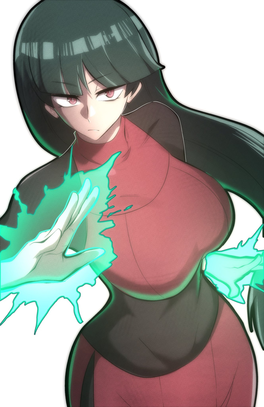 blunt_bangs bodysuit bodysuit_under_clothes breasts collarbone female green_hair highres hime_cut long_hair medium_breasts pencil_skirt pokemon pokemon_lgpe red_eyes sabrina_(pokemon) side_slit skirt sleeves_past_elbows solo telekinesis thatamaan upper_body