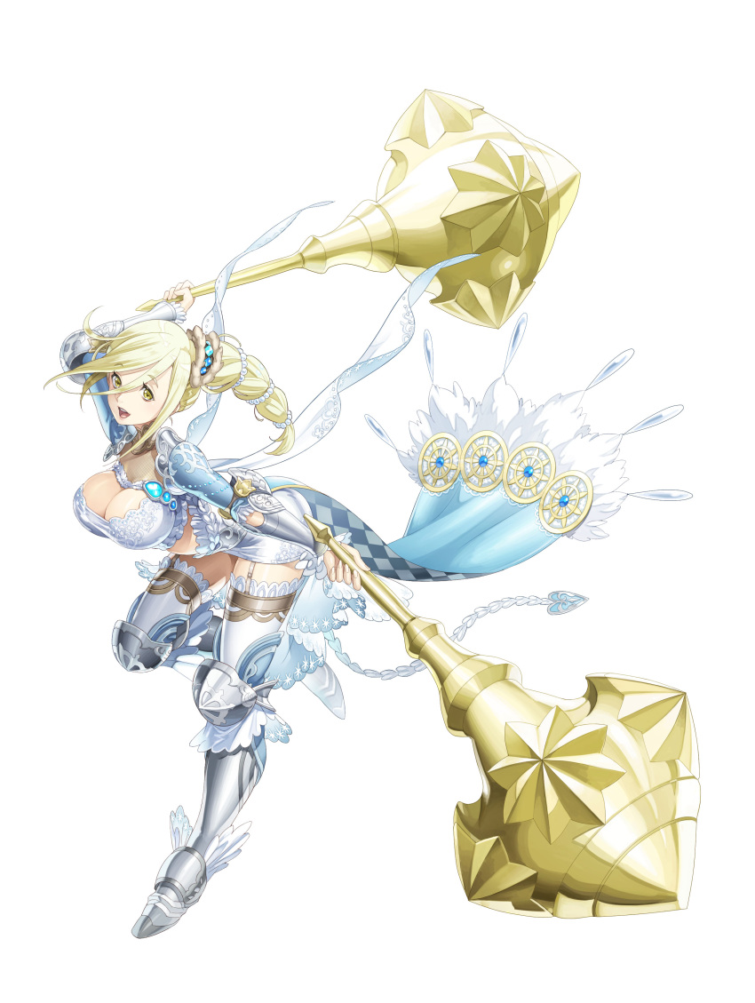 :d absurdres armor blonde_hair breasts cleavage commentary_request dagda_(phantom_of_the_kill) dual_wielding female full_body garter_straps greaves hair_between_eyes highres holding holding_mace holding_weapon komeko_(gumi) large_breasts long_hair looking_at_viewer mace official_art open_mouth phantom_of_the_kill poleyn sabaton second-party_source simple_background smile solo standing standing_on_one_leg teeth thighhighs upper_teeth_only weapon white_background white_thighhighs yellow_eyes