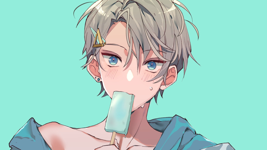 1boy aqua_background aqua_jacket collarbone curtained_hair earrings eating food food_in_mouth grey_hair hair_between_eyes hair_ornament hairclip highres holding holding_food holding_popsicle hot jacket jewelry kaida_haru light_blush looking_at_viewer luka_ooooo male_focus nijisanji popsicle portrait short_hair simple_background single_bare_shoulder single_earring single_off_shoulder solo straight-on stud_earrings sweat upturned_eyes virtual_youtuber