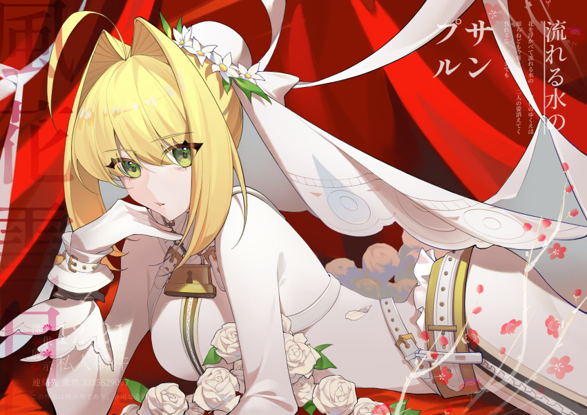 absurdres ahoge amiably_02 belt blonde_hair blush bodysuit breasts chains commission fate/extra fate/extra_ccc fate/grand_order fate_(series) female flower flower_wreath gloves green_eyes hair_intakes head_wreath highres lock looking_at_viewer loose_belt lying nero_claudius_(bride)_(fate) nero_claudius_(fate) on_stomach padlock padlocked_collar solo veil white_bodysuit white_gloves white_sleeves zipper