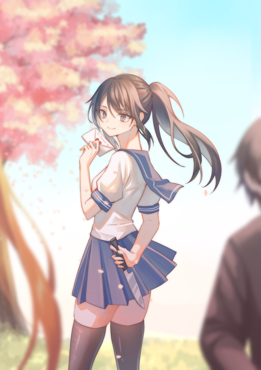 1boy 2girls absurdres ayano_aishi black_eyes black_hair black_shirt black_thighhighs blue_sailor_collar blue_skirt blue_sky blurry cherry_blossoms cherry_tree closed_mouth collared_shirt depth_of_field envelope falling_petals grass highres holding holding_envelope holding_knife holding_weapon kiriyume knife long_hair long_sleeves multiple_girls orange_hair osana_najimi_(yandere_simulator) outdoors petals ponytail red_pupils sailor_collar school_uniform serafuku shirt short_hair short_sleeves skirt sky smile taro_yamada_(yandere_simulator) thighhighs tree twintails weapon white_serafuku yandere_simulator zettai_ryouiki