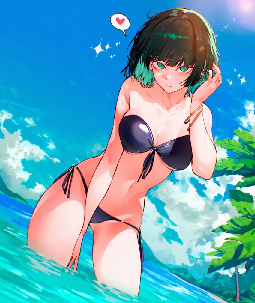 arm_between_legs beach bikini blue_bikini blue_sky bracelet cesar_art456 closed_mouth colored_inner_hair day dutch_angle female front-tie_bikini_top front-tie_top fubuki_(one-punch_man) green_eyes green_hair hand_in_own_hair heart highres jewelry lens_flare light_blush light_rays looking_at_viewer multicolored_hair navel ocean one-punch_man outdoors palm_tree side-tie_bikini_bottom sky solo sparkle spoken_heart strapless strapless_bikini sunlight swimsuit thighs tree wading water