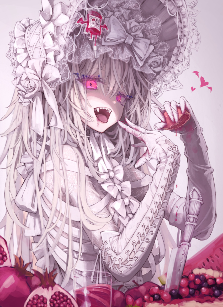 blood blood_bag bow commentary_request elbow_gloves fangs female food fruit gloves hair_between_eyes hair_ornament headdress highres holding holding_food holding_fruit knife lolita_fashion long_hair looking_at_viewer open_mouth original osobachan pale_skin red_eyes revision ribbon simple_background smile solo vampire white_background white_hair white_ribbon