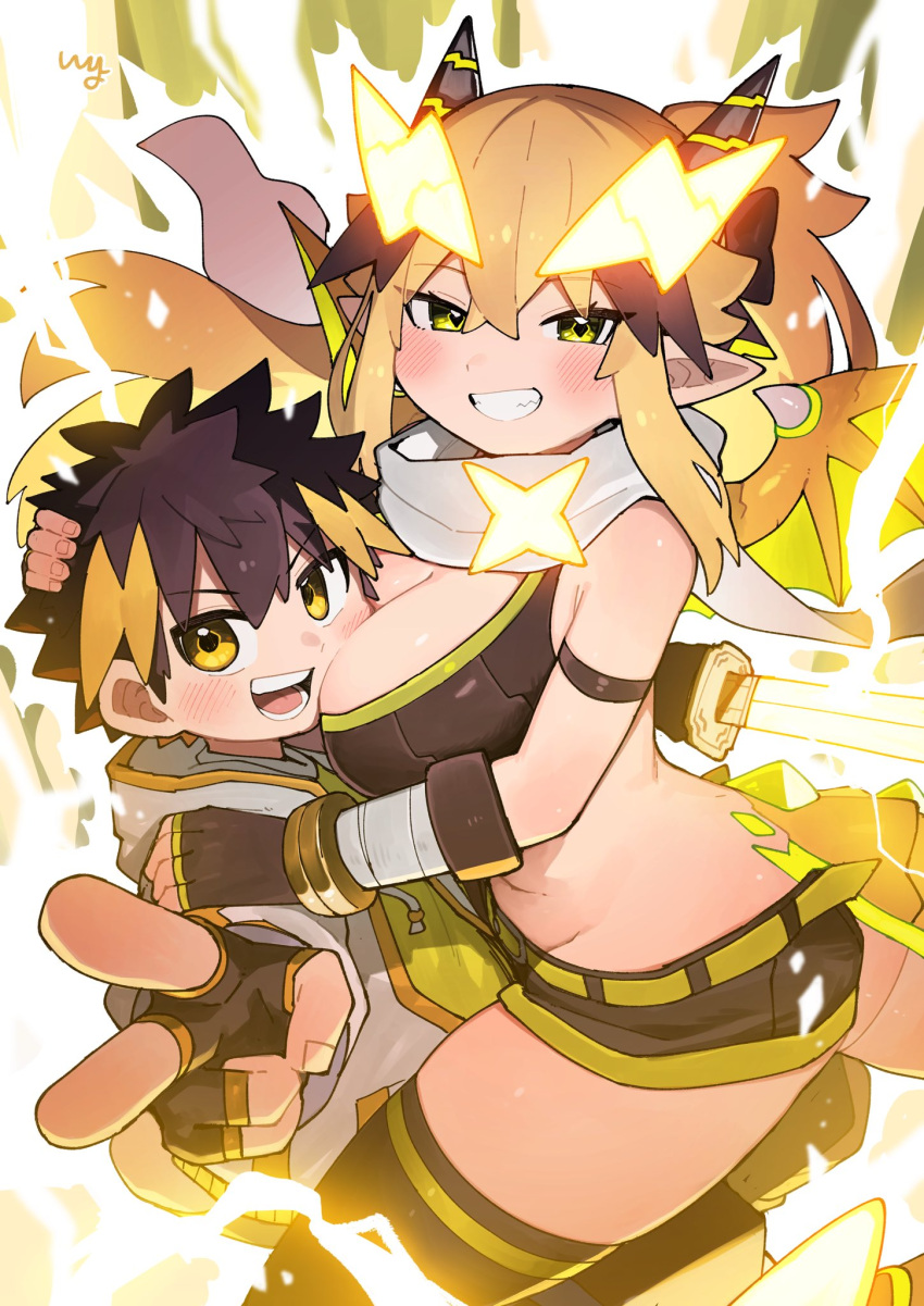 age_difference black_hair black_thighhighs blonde_hair breasts crossed_bangs dragon_girl dragon_horns dragon_tail dragon_wings fingerless_gloves gloves grin hair_between_eyes hair_ornament highres horns itoriyo large_breasts lightning_bolt_hair_ornament lightning_bolt_symbol nakamura_yuto onee-shota original pointy_ears ponytail raisei_no_ryu_tsukai ribbed_tank_top san-chan short_shorts shorts smile sports_bra tail teeth thighhighs v wings yellow_eyes