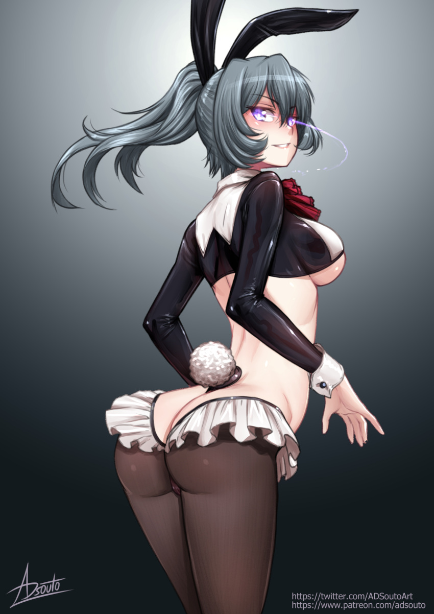 adsouto animal_ears ass breasts dungeon_ni_deai_wo_motomeru_no_wa_machigatteiru_darou_ka eye_trail fake_animal_ears fake_tail female frills glowing glowing_eyes grey_hair grin highres light_trail long_hair looking_at_viewer medium_breasts meme_attire pantyhose ponytail purple_eyes rabbit_ears rabbit_tail reverse_bunnysuit reverse_outfit shrug_(clothing) signature smile solo standing syr_flover tail underboob wrist_cuffs