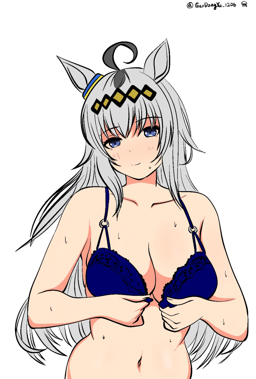 ahoge animal_ears blue_bra blue_eyes bra breasts cleavage closed_mouth commentary ding36 ear_ornament female front-hook_bra grey_hair hair_ornament half-closed_eyes highres horse_ears horse_girl large_breasts long_hair looking_at_viewer navel oguri_cap_(umamusume) open_bra opened_by_self simple_background smile solo sweat twitter_username umamusume underwear underwear_only white_background