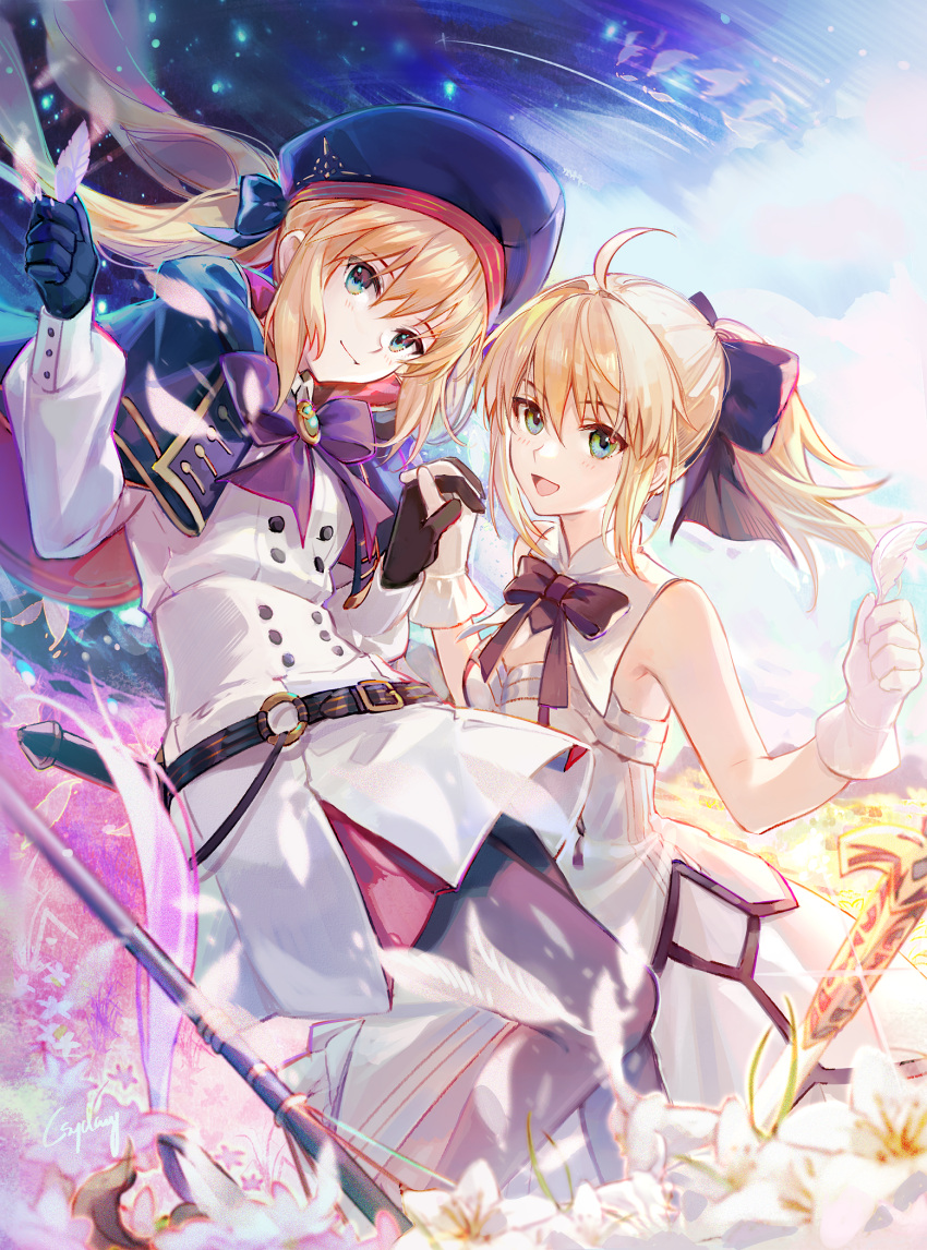 2girls ahoge artist_name artoria_caster_(fate) artoria_caster_(second_ascension)_(fate) artoria_pendragon_(fate) bare_arms bare_shoulders belt black_bow black_gloves blonde_hair blue_belt blue_capelet bow bowtie brooch caliburn_(fate) cape capelet closed_mouth csyday day day_and_night dress dual_persona fate/grand_order fate_(series) feet_out_of_frame field flower flower_field gloves green_eyes hair_between_eyes hairbow hand_up hat highres holding holding_hands interlocked_fingers jewelry light_particles lily_(flower) long_hair long_sleeves looking_at_viewer multicolored_cape multicolored_capelet multicolored_clothes multiple_girls name_connection night o-ring o-ring_belt object_namesake open_mouth pantyhose planted planted_sword ponytail purple_bow purple_bowtie revision saber_lily sheath sheathed short_dress sleeveless sleeveless_dress smile staff striped_belt sword weapon white_dress white_flower white_gloves white_lily