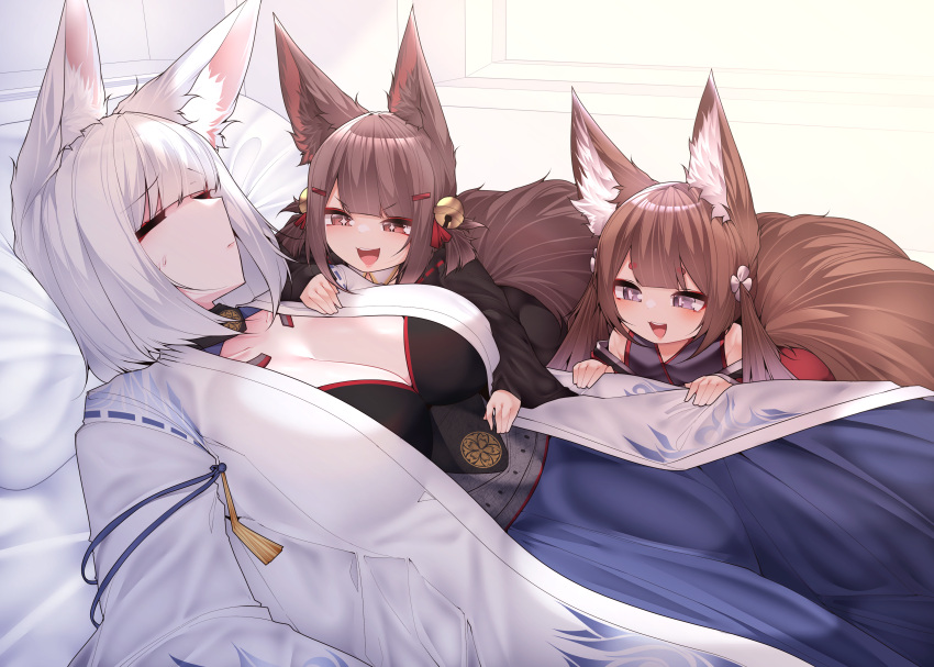 +_+ 3girls absurdres akagi-chan_(azur_lane) amagi-chan_(azur_lane) animal_ear_fluff animal_ears aunt_and_niece azur_lane bed_sheet bell black_kimono blue_skirt blunt_bangs breasts brown_hair brown_tail cleavage closed_eyes english_commentary evil_smile fox_ears fox_girl fox_tail hair_bell hair_ornament hand_on_another's_chest haori highres indoors jacket japanese_clothes kaga_(azur_lane) kimono kitsune kyuubi large_breasts long_hair long_sleeves multiple_girls multiple_tails on_bed open_mouth pillow purple_eyes purple_kimono red_eyes sakuramon samip short_hair skirt sleeping smile sweatdrop tail teeth upper_teeth_only white_hair white_jacket