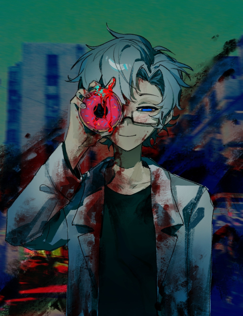 1boy black_shirt blood blood_on_chest blood_on_clothes blood_on_face blood_on_food blood_on_hands blood_on_neck blue_eyes closed_mouth collarbone commentary curtained_hair doughnut finwell food glasses grey_hair highres holding holding_food jacket kanou_aogu lapels looking_at_viewer male_focus notched_lapels open_clothes open_jacket outdoors photo_background rectangular_eyewear saibou_shinkyoku semi-rimless_eyewear shirt short_hair smile solo upper_body white_jacket