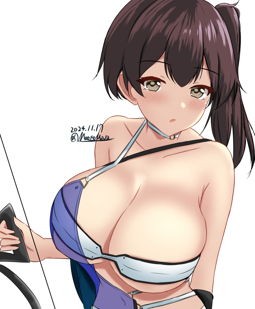 bare_arms bikini blue_dress blush breasts brown_eyes brown_hair cleavage collarbone dated dress female fey_(whitepaper) hair_ornament highres kaga_(kancolle) kantai_collection large_breasts long_hair montemasa navel open_mouth ponytail see-through_clothes signature swimsuit