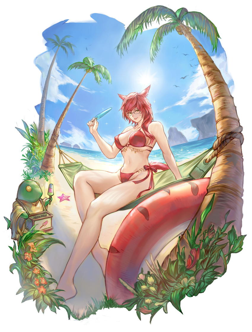 absurdres animal_ears bare_arms barefoot beach bikini black-framed_eyewear blue_sky border brown_robe cat_ears cat_girl cat_tail cloud coconut coconut_tree commentary commission creature day english_commentary facial_mark female final_fantasy final_fantasy_xiv flower food glasses green_eyes grin hammock hand_up highres holding holding_food holding_popsicle long_hair long_sleeves looking_at_viewer miqo'te navel on_hammock orange_flower outdoors palm_tree plant popsicle red_bikini red_hair red_innertube robe seneka_grafika simple_bird sitting sky smile solo_focus star_(symbol) starfish sun swimsuit tail tonberry tree warrior_of_light_(ff14) water whisker_markings white_border wide_sleeves yellow_eyes