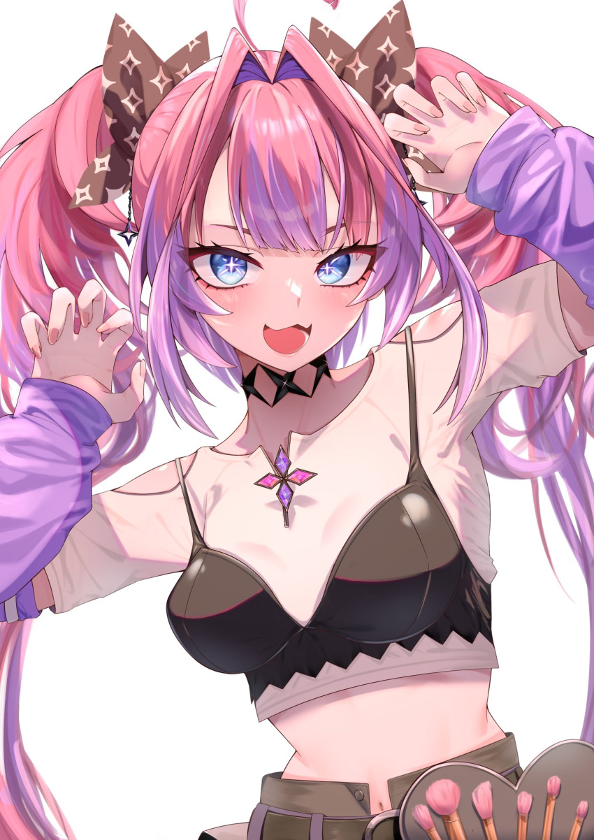 agena2e ahoge arm_warmers belt black_belt black_bow black_bra black_shorts blue_eyes bow bra bra_over_clothes breasts claw_pose clothing_cutout cosmetics cropped_shirt double-parted_bangs female gradient_hair hair_intakes hairbow highres hololive hololive_dev_is kikirara_vivi long_hair looking_at_viewer makeup_brush medium_breasts midriff multicolored_hair nail_polish navel open_mouth pink_hair pink_nails purple_arm_warmers purple_hair shirt shorts shoulder_cutout simple_background solo twintails underwear very_long_hair virtual_youtuber white_background white_shirt