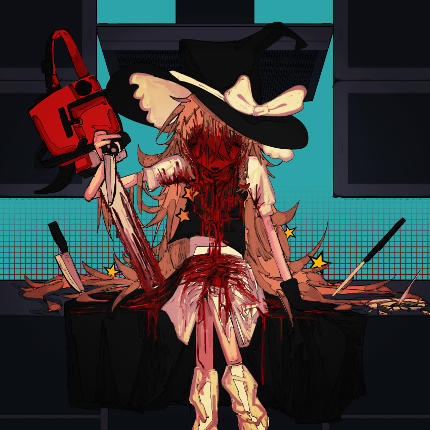 black_gloves black_hat black_skirt black_vest blood blood_on_clothes blood_on_face blue_background bow braid chainsaw chinese_commentary closed_eyes commentary_request cookie_(touhou) feet_out_of_frame female gloves gongsheng_song_tu hair_between_eyes hat hat_bow highres holding holding_chainsaw holding_knife kirisame_marisa kitchen_knife knife long_bangs long_hair loose_socks open_mouth planted planted_knife red_bow shirt side_braid single_braid sitting skirt smile socks solo star_(symbol) suzu_(cookie) touhou vest white_bow white_shirt white_socks witch_hat