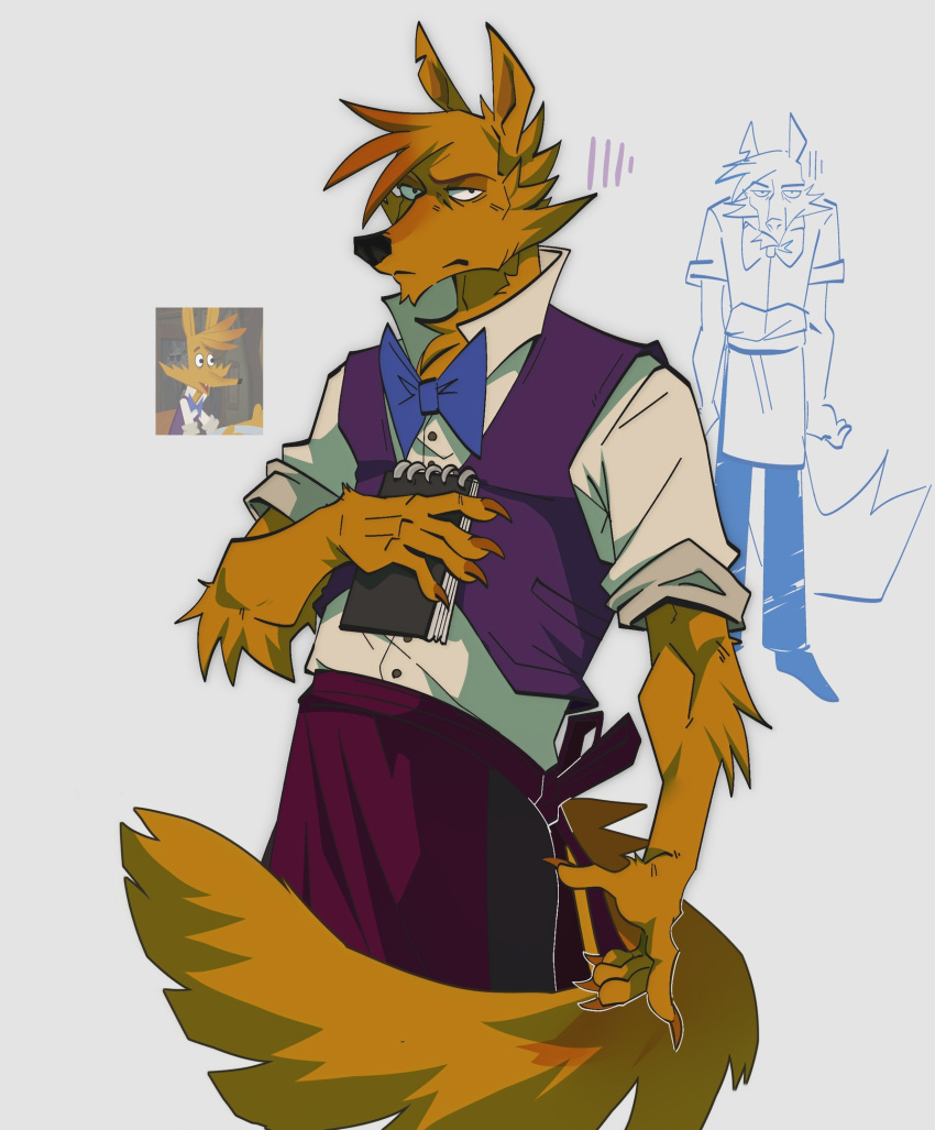 2024 anthro beastly_crimes beastly_crimes_(2024) biped black_nose bow_tie canid canine canis clothing coyote gala_bobs hi_res humanoid_hands male mammal shirt simple_background solo topwear waiter yote_(beastly_crimes)