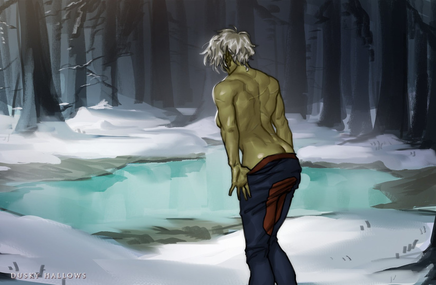 artist_name black_pants clothes_pull colored_skin duskyhallows female female_orc from_behind glasha_(sanguine_rose) green_skin highres orc outdoors pants pants_pull sanguine_rose scar scar_on_arm scar_on_back short_hair snow solo standing topless tree undressing white_hair