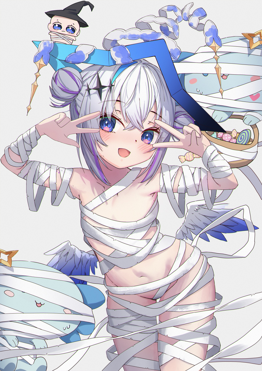 absurdres amane_kanata bandaged_arm bandaged_chest bandaged_leg bandages basket blue_eyes blue_hair blush candy commentary_request crossed_bangs double_bun double_v feathered_wings female flat_chest food gradient_wings grey_hair hair_bun halloween halloween_costume halo halo_ornament highres hololive juu_p looking_at_viewer low_wings mini_wings multicolored_hair multicolored_wings naked_bandage navel open_mouth purple_hair short_hair simple_background single_hair_intake smile solo star_halo stomach streaked_hair v virtual_youtuber wings