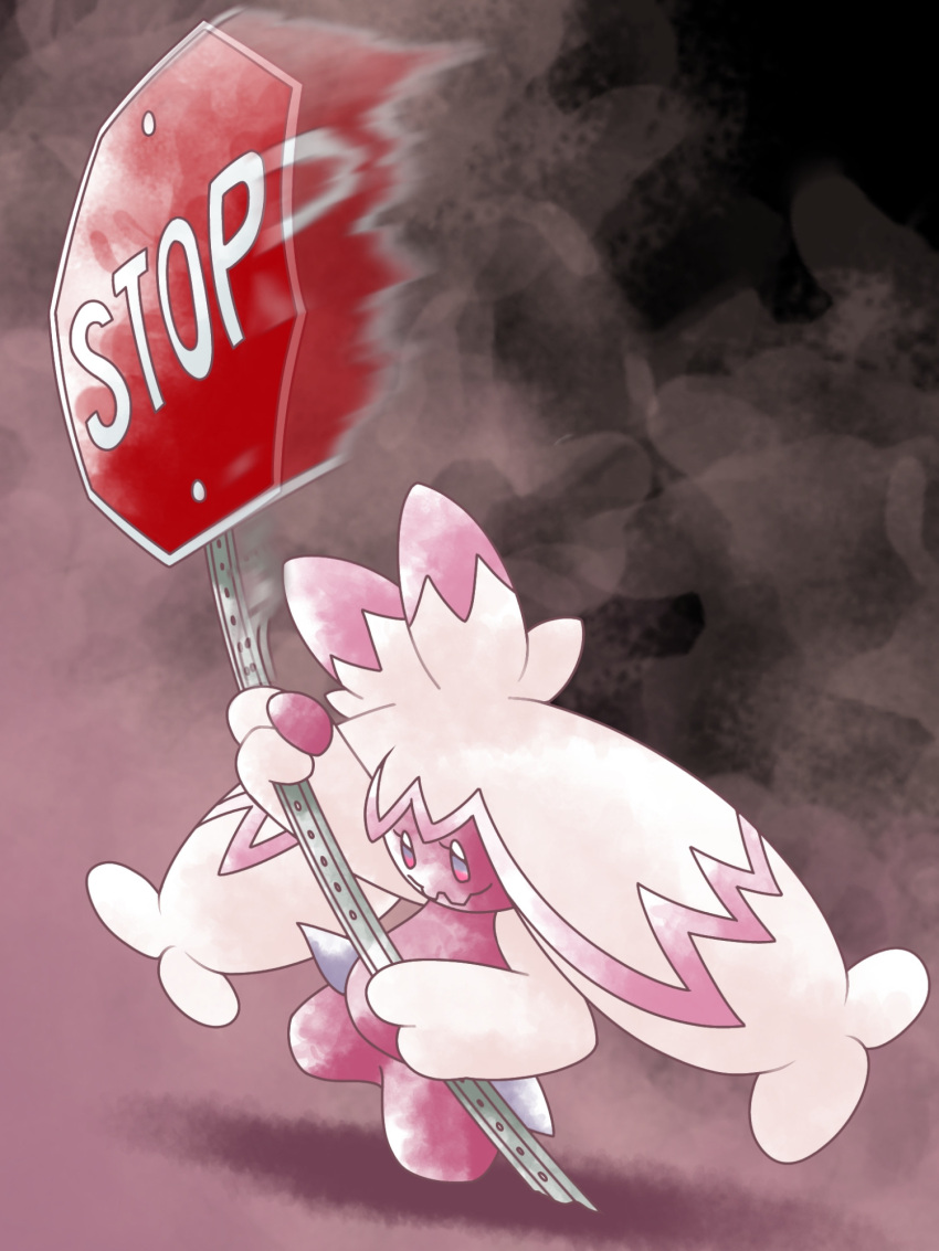 3:4 black_background eyelashes female generation_9_pokemon greatmothsucks hair hi_res holding_object holding_weapon humanoid long_hair motion_lines nintendo pink_background pink_body pokemon pokemon_(species) purple_eyes simple_background smile solo stop_sign tinkaton weapon white_body white_hair