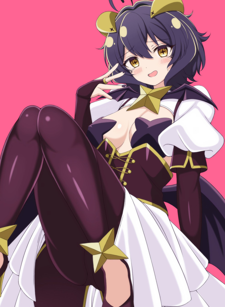 ahoge bat_brooch black_hair black_pasties blush breastless_clothes breasts corset cross_pasties female forward_facing_horns highres hiiragi_utena horns looking_at_viewer lowleg lowleg_pants magia_baiser magical_girl mahou_shoujo_ni_akogarete medium_breasts namako_muri navel open_mouth pants pasties purple_corset purple_pasties short_hair shrug_(clothing) smile solo symbol-shaped_pupils white_shrug wings yellow_eyes yellow_horns