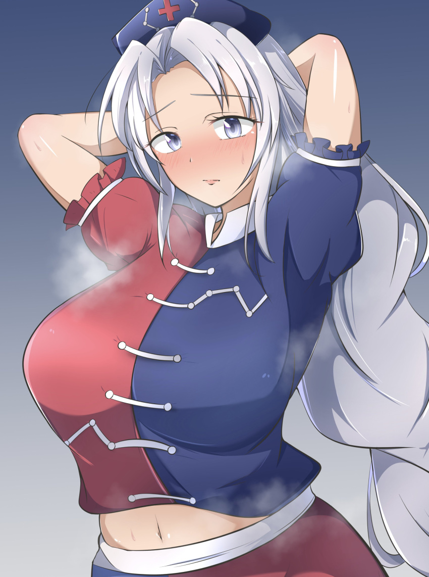 absurdres arms_behind_head arms_up blue_background blue_eyes blue_shirt blush breasts closed_mouth commentary_request constellation_print cross female gradient_background hashiro_fumi hat highres large_breasts long_hair looking_at_viewer midriff navel nurse_cap red_cross red_shirt shirt short_sleeves simple_background solo steaming_body sweat touhou two-tone_shirt upper_body very_long_hair white_hair yagokoro_eirin