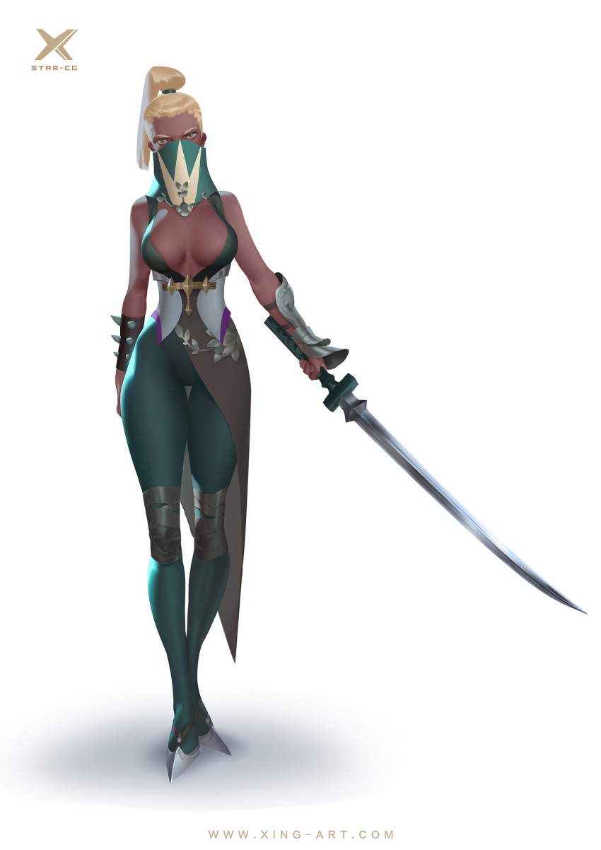 aqua_bodysuit aqua_mask artist_name bare_shoulders blonde_hair bodysuit breasts cleavage covered_mouth cutlass dark-skinned_female dark_skin female full_body grey_footwear high_ponytail highres holding holding_sword holding_weapon large_breasts looking_at_viewer mask mouth_mask original realistic shadow shoes short_hair simple_background single_arm_guard sleeveless sleeveless_bodysuit solo standing starlab sword thick_eyebrows watermark weapon white_background yellow_eyes