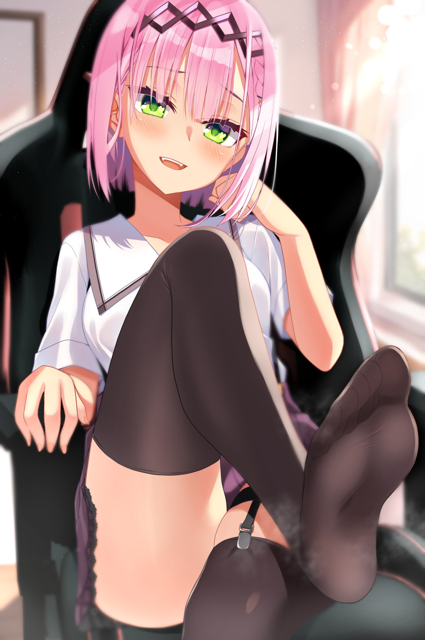 :d absurdres black_hairband black_thighhighs blunt_bangs blunt_ends blush bob_cut chair clenched_hand collared_shirt commentary day eyelashes eyes_visible_through_hair fangs feet female foot_focus foot_out_of_frame green_eyes hairband hand_up heart heart_in_eye highres indoors leg_up light_particles looking_at_viewer mesugaki naughty_face no_shoes office_chair on_chair open_mouth pink_hair presenting_foot raised_eyebrows school_uniform shirt short_hair short_sleeves sitting skindentation smile soles solo straight_hair swivel_chair symbol_in_eye tanikaze_amane teeth tenshi_souzou_re-boot! thigh_strap thighhighs thighs toes tsurime upper_teeth_only urakawa_^p^ white_shirt window