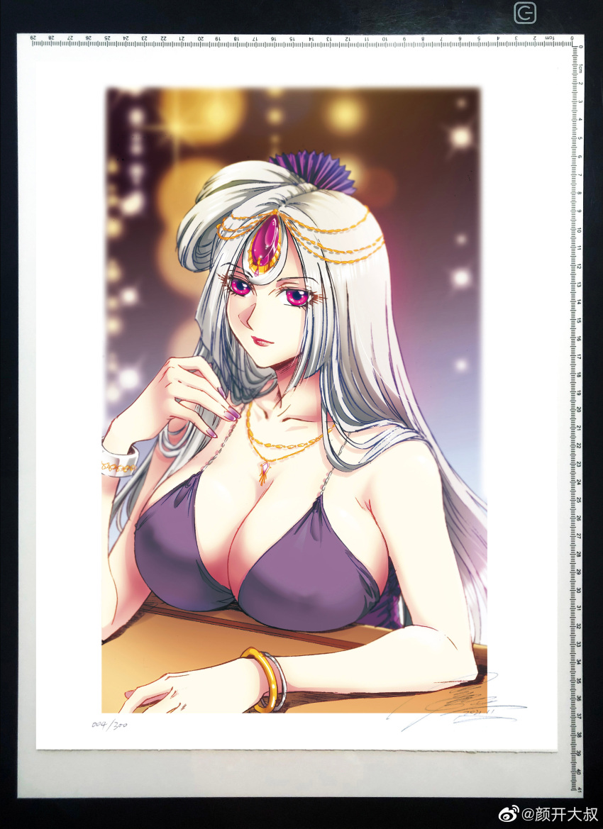 absurdres bare_shoulders blurry blurry_background bracelet breasts cleavage dress fake_scan female gem hair_ornament hand_up highres huge_breasts jewelry long_hair mohe_(star_guardians) necklace power_symbol purple_dress purple_eyes purple_nails red_gemstone red_lips signature sleeveless sleeveless_dress solo spaghetti_strap star_guardians table tri_hair_rings upper_body white_hair yan_kai