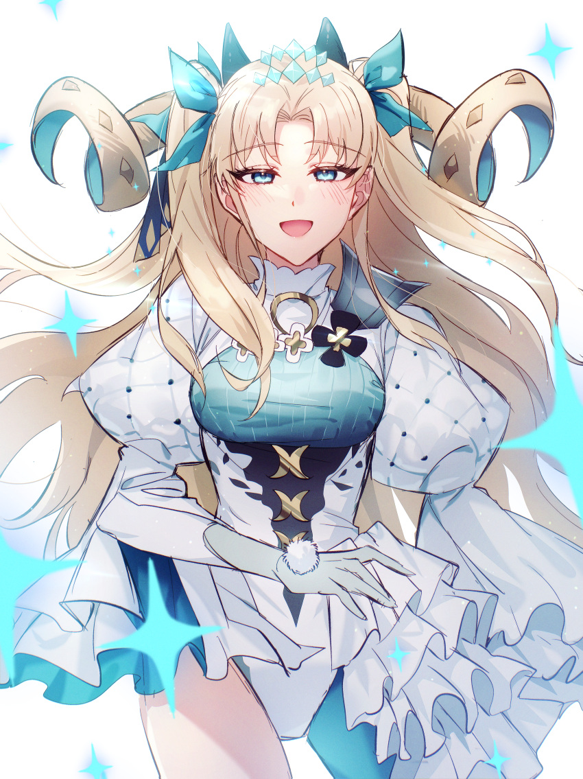 :d absurdres blonde_hair blue_eyes blue_ribbon breasts c_bako commentary cowboy_shot curled_horns english_commentary ereshkigal_(fate) fate/grand_order fate_(series) female frills gloves grey_gloves hair_ribbon highres horns leotard long_hair long_sleeves looking_at_viewer one-piece_swimsuit open_mouth pom_pom_(clothes) puff_and_slash_sleeves puffy_sleeves ribbon simple_background single_leg_pantyhose smile solo space_ereshkigal_(fate) space_ereshkigal_(third_ascension)_(fate) sparkle straight-on swimsuit two_side_up white_background white_leotard