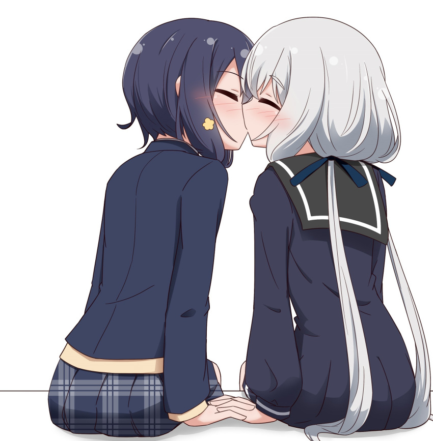 2girls black_sailor_collar black_shirt blue_hair blue_jacket blush closed_eyes commentary_request dress from_behind grey_skirt highres holding_hands interlocked_fingers jacket kissing konno_junko long_hair long_sleeves miruzawa_akechi mizuno_ai multiple_girls pleated_skirt sailor_collar sailor_dress school_uniform shirt short_hair simple_background skirt twintails white_background white_hair yuri zombie_land_saga