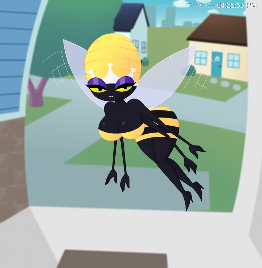 anthro arthropod bee biped black_body breasts clothed clothing female hanna-barbera hi_res hymenopteran insects looking_at_viewer multi_arm multi_limb pupils queen_bea secret_squirrel_show sirredbenjamin solo thick_thighs