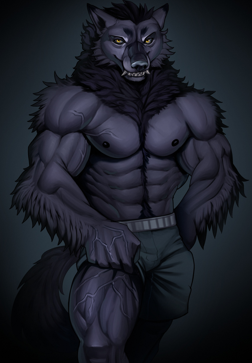 2024 5_fingers abs alister_(sangreroja) anthro arm_tuft athletic_wear biceps big_chest big_muscles black_body black_fur black_lips black_nipples body_hair bottomwear broad_shoulders canid canine canis cheek_tuft clothed clothing deltoids detailed dipstick_ears ear_markings ears_back elbow_tuft facial_tuft fangs fingers fluffy fluffy_fur fluffy_tail forearm_muscles fur grey_background grey_body grey_fur grey_nose gym_bottomwear gym_shorts gym_shorts_only half-length_portrait hand_on_hip happy_trail head_tuft hi_res huge_muscles lips looking_at_viewer male mammal mane marsel-defender multicolored_ears muscular muscular_anthro muscular_male mythological_canine mythological_creature mythology neck_tuft nipples obliques pecs pivoted_ears portrait pose presenting quads seductive serratus shaded shorts shorts_only simple_background smile snaggle_teeth soft_shading solo standing sunburst_background tail teeth thick_limbs thick_thighs tight_clothing toothy_smile topless triceps tuft vascular veiny_arms veiny_hands veiny_legs veiny_pecs werecanid werecanine werecreature werewolf wolf yellow_eyes