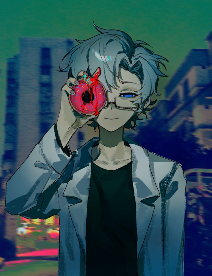 1boy black_shirt blood blood_on_food blood_on_hands blue_eyes closed_mouth collarbone commentary curtained_hair doughnut finwell food glasses grey_hair highres holding holding_food jacket kanou_aogu lapels looking_at_viewer male_focus notched_lapels open_clothes open_jacket outdoors photo_background rectangular_eyewear saibou_shinkyoku semi-rimless_eyewear shirt short_hair smile solo upper_body white_jacket