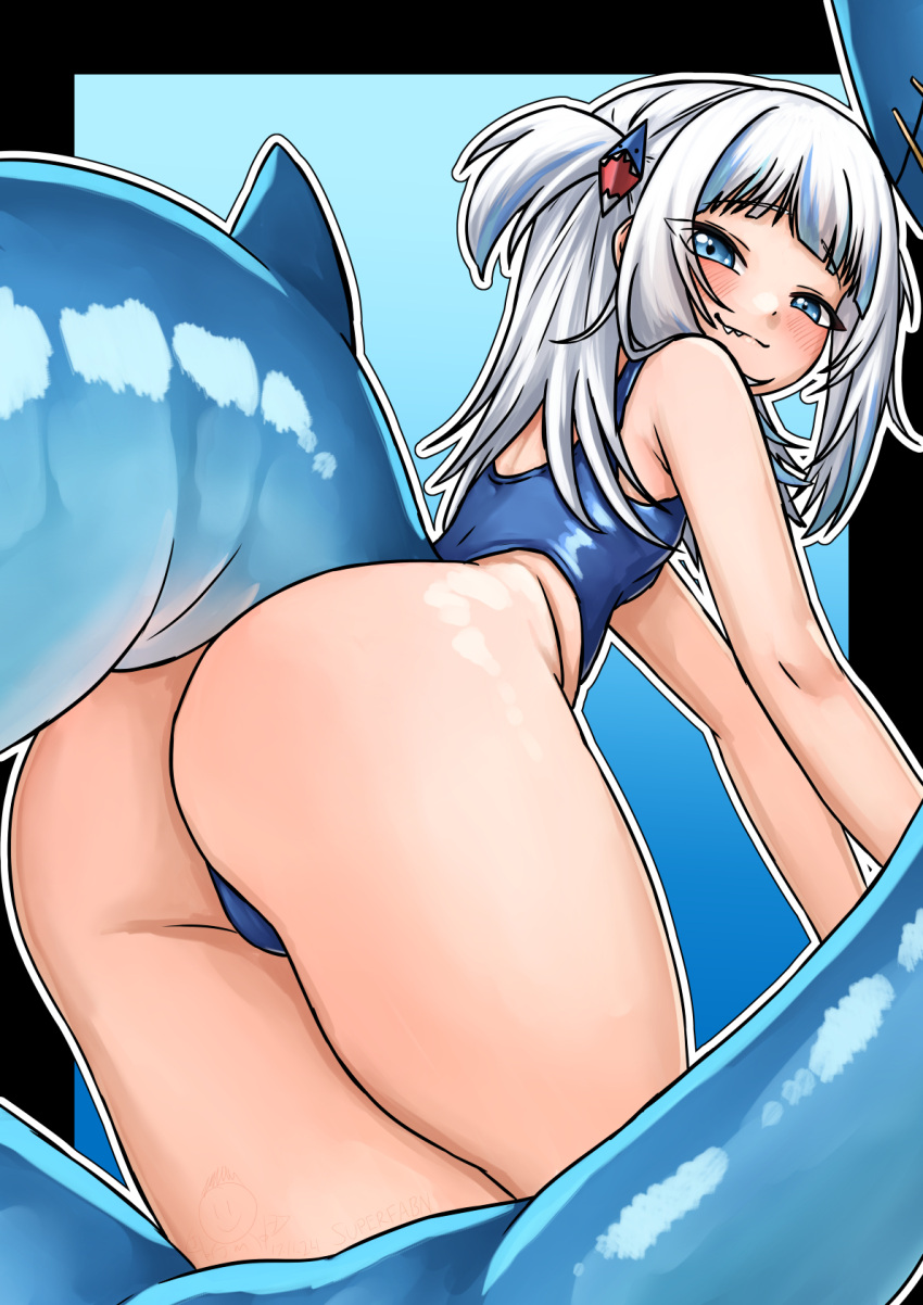 ass bent_over female fins fish_tail from_behind gawr_gura hair_ornament highres hololive hololive_english looking_at_viewer looking_back multicolored_hair shark_girl shark_hair_ornament shark_tail sharp_teeth solo streaked_hair superfann3 tail teeth thighs virtual_youtuber