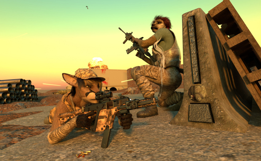 3d_(artwork) anthro assault_rifle battle canid canine canis daz_studio_(artwork) desert digital_media_(artwork) domestic_dog duo dusk explosion femboy gun gunfire hi_res husky_retriever_mix kangaroo macropod male mammal marsupial matthew_cooke mercenary outside perturbedmania ranged_weapon rifle shootout submachine_gun sunset tactical_gear weapon zander_murphy